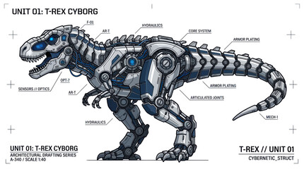 T-Rex Cyborg Blueprint: Futuristic Robotic Dinosaur Engineering Diagram © Varel