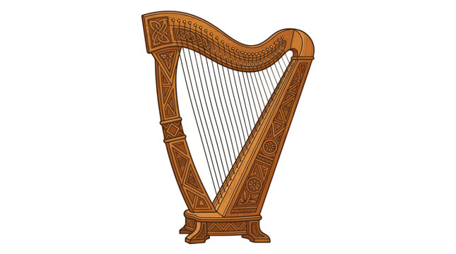 Ornate Wooden Harp Musical Instrument Isolated on White Background