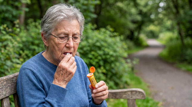 Senior woman taking glucose tablet for low blood sugar on park bench. Elderly patient managing diabetes symptoms outdoors. Healthcare, medical support and emergency treatment concept.