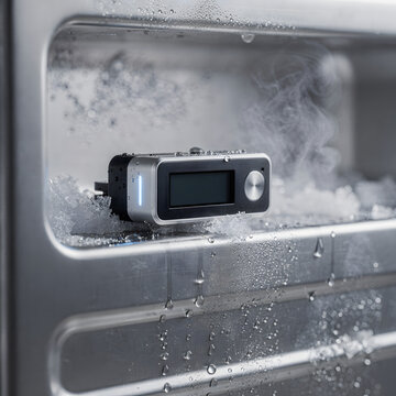 Digital IoT temperature sensor on a frosted pharmaceutical shipping container