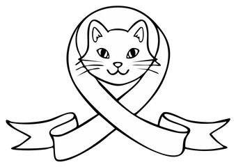 Obraz premium Cat head ribbon outline emblem feline pet animal simple doodle illustration for decoration