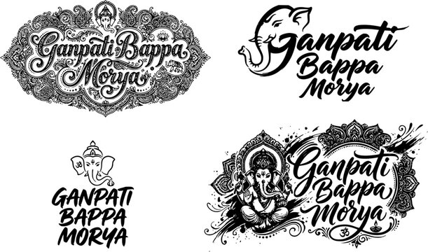 Ganpati Bappa Morya black and white hand lettering bundle with four unique designs featuring Lord Ganesha, mandala patterns, floral borders, and mixed typography styles for Ganesh Chaturthi.