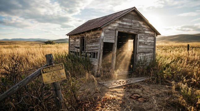 Abandoned wooden shack in a dry grassy field with sunbeams and a warning sign