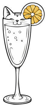 Cartoon cat cocktail with orange slice in champagne glass. Vector illustration.