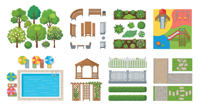 Vector illustration of various backyard and garden elements including furniture, plants, pool, and playground on white background
