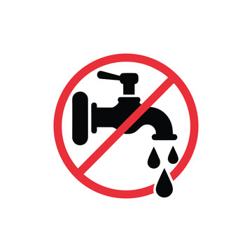 A black water faucet symbol with dripping water is crossed out by a red prohibition sign indicating a no water zone or a water conservation warning