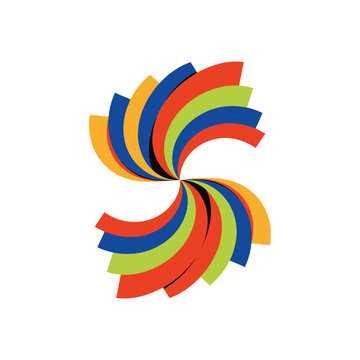 Abstract colorful swirling shapes forming an Slike symbol on a white background representing motion and design