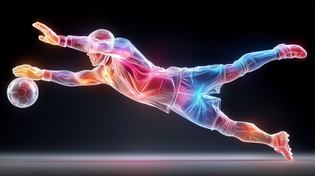 Dynamic glowing futuristic soccer goalkeeper diving to catch a ball in vibrant neon colors with transparent digital athletic suit