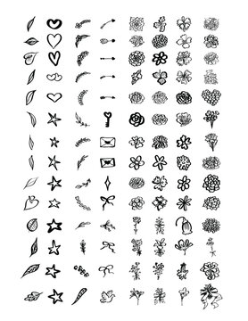 Set of 112 Hand-Drawn Romantic & Floral Illustrated Icons for Valentine's Day, Weddings & Engagements