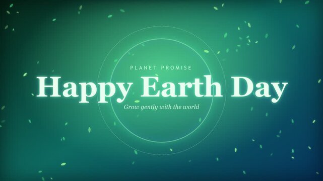 Happy Earth Day text animation with floating green leaves