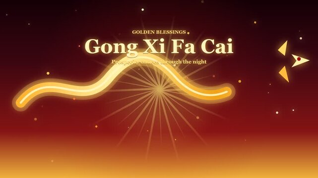 Gong Xi Fa Cai greeting with glowing golden lines on red gradient