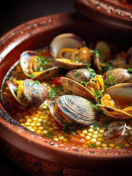 Sardinian fregola pasta with clams and saffron served in a terracotta bowl, garnished with fresh herbs, creating a coastal vibe.