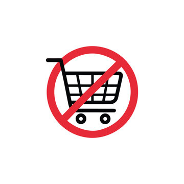 Clear vector graphic sign prohibiting shopping cart use with a bold red circle and diagonal line