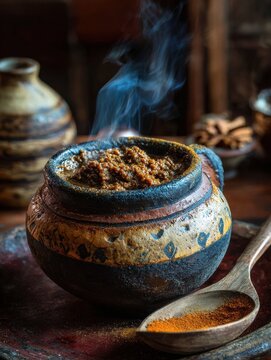 Traditional Ethiopian kitfo with spiced raw beef served alongside a clay mug in a warm, inviting glow.