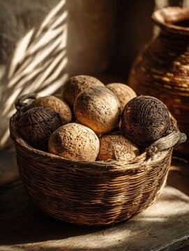 Sunlit rustic woven basket filled with traditional Central Asian kurt dried cheese balls.