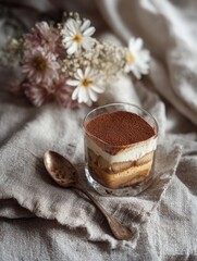 Fototapeta premium Exquisite tiramisu served in a glass, dusted with cocoa, on a vintage linen napkin.