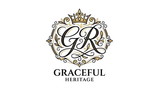 Elegant GR Monogram Logo with Crown and Ornate Flourishes - Graceful Heritage