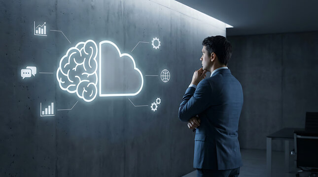 Man looking at brain projection on wall