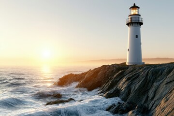 Obraz premium Majestic white lighthouse stands tall on rocky coastline at sunrise, guiding ships through ocean waves.