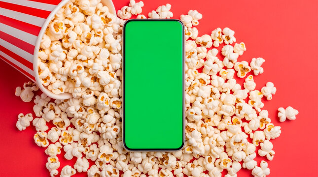 Smartphone with green screen surrounded by popcorn and a striped bucket