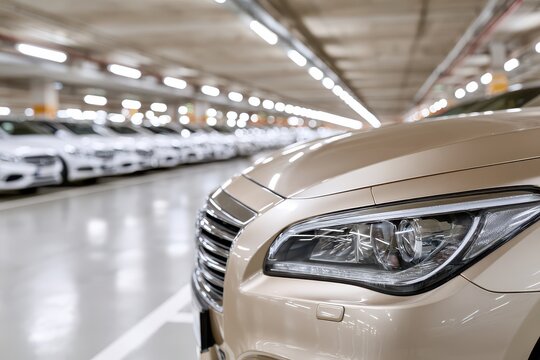 Close-up of a shiny gold car's headlight and grille in a brightly lit parking garage with rows of vehicles.