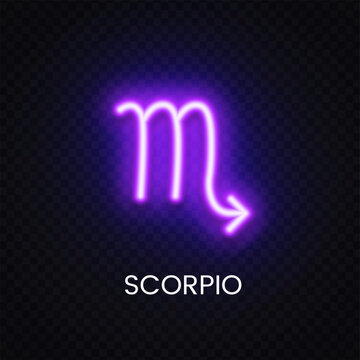 Purple Scorpio neon icon with bright luminous effect. Zodiac emblem for horoscope banner, spiritual theme and celestial illustration.