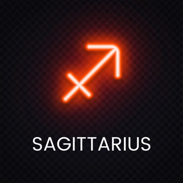 Red Sagittarius zodiac neon symbol isolated on dark backdrop. Modern astrology icon for horoscope artwork, cosmic poster and mystical concept.