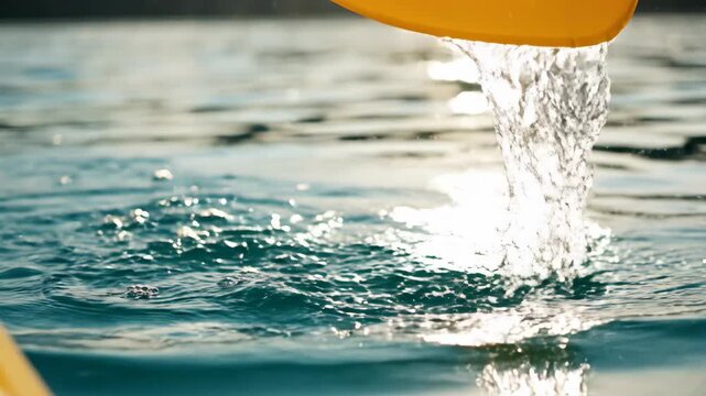 Close-up of a yellow kayak paddle splashing in the water. Rhythmic rowing on a sunny lake. Outdoor water sports and recreation concept