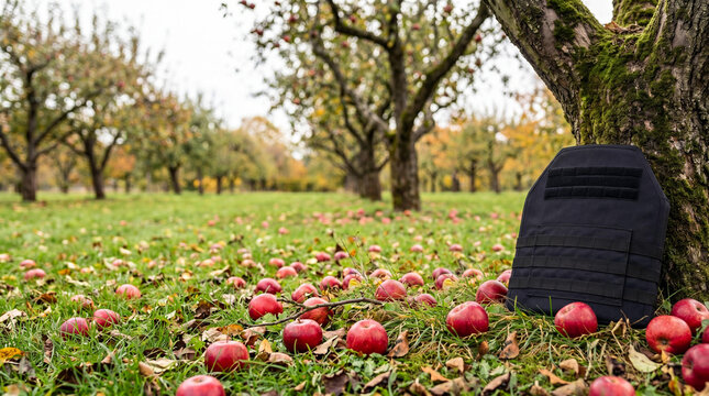 Black ballistic vest leaning against a tree in an apple orchard. Concept of peace after war and survival. Abandoned military equipment in a peaceful autumn nature landscape.