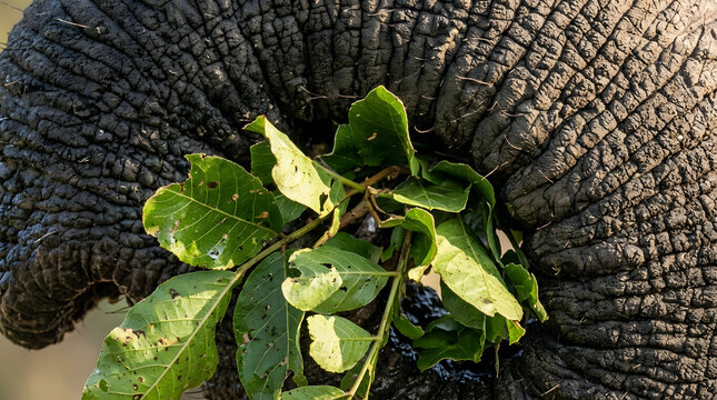 Elephant trunk holding leaves isolated on transparent background