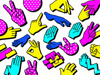 Fototapeta premium Vibrant And Playful Collection Of Hand Gestures And Symbols In A Memphis Design Style