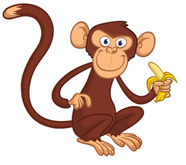 Obraz premium Cartoon funny monkey chimpanzee eating banana. Vector illustration isolated on white