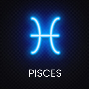 Blue Pisces zodiac neon symbol with radiant glow isolated on dark backdrop. Celestial astrology icon for horoscope theme and mystical artwork.