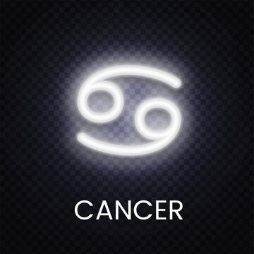White Cancer zodiac neon icon glowing on transparent background. Elegant astrology emblem for horoscope template, spiritual theme and cosmic graphic.