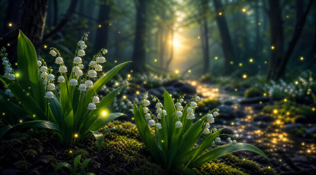 Maigl&ouml;ckchen am Wegesrand im Wald, Sonnenlicht