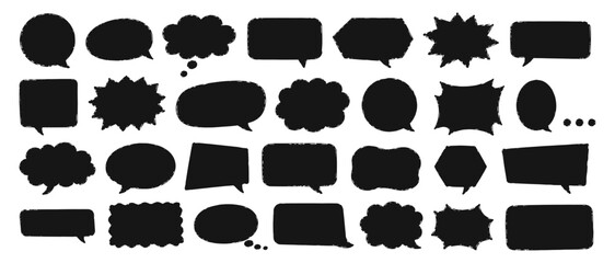 Grunge doodle comic speech balloons set with rough charcoal texture, hand drawn message bubbles and playful dialogue text frames vector © aura studio