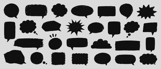 Rough texture speech bubble frames with charcoal scratches, hand drawn comic chat balloons, doodle talk boxes vector icons isolated © aura studio