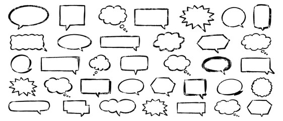 Hand drawn grunge speech bubbles and rough charcoal comic dialogue frames, doodle text boxes and message balloon shapes vector set isolated © aura studio
