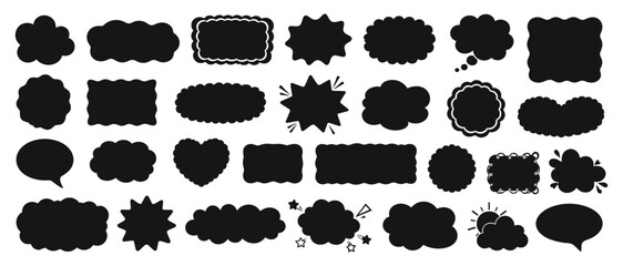 Red fluffy cloud label shapes set, squishy speech bubbles, wavy sticker badges and cute promo text boxes vector illustration © aura studio