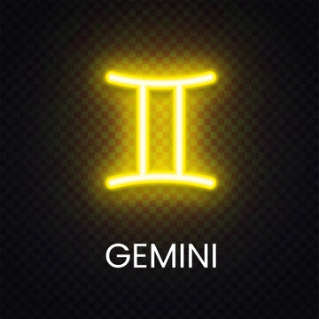 Yellow Gemini zodiac neon sign with radiant light effect. Modern astrology symbol for horoscope banner, cosmic illustration and celestial design.