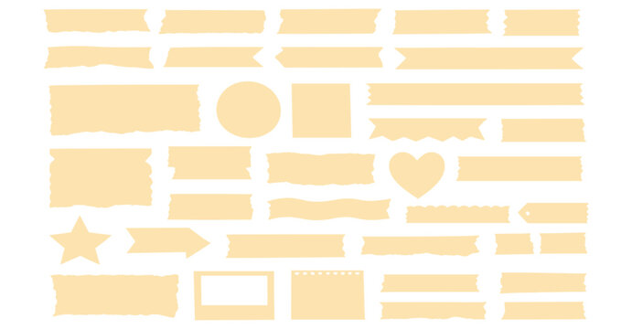 Beige washi tape strips and torn sticky note labels, adhesive scrapbook paper tags, ripped craft journal elements vector set isolated
