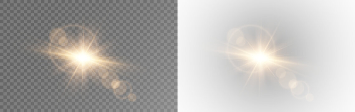 Transparent PNG image featuring a magical flash of light with bright sunlight and a realistic lens flare vector effect. The beam features shimmering optical rays, isolated on a transparent background.