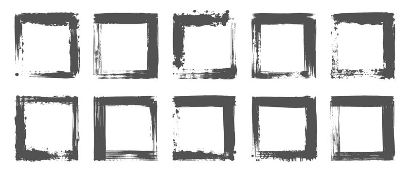 Black grunge roller texture elements with wide paint brush streaks, rough edged text boxes, urban wall badges and distressed ink marks