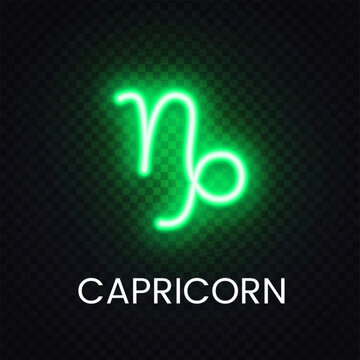 Green Capricorn neon sign with glowing light effect. Bright zodiac illustration for astrology template, horoscope branding and celestial graphic.