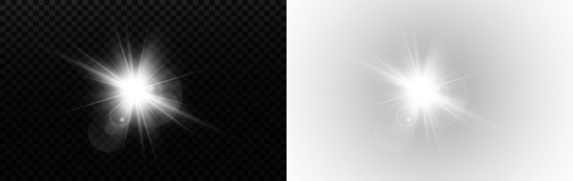 Vector transparent image of sunlight with glare and glowing optical rays. Bright sunlight effect isolated on a transparent background. PNG.