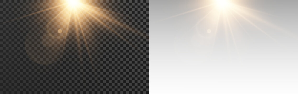 Vibrant sunburst overlay with radiant optical rays, isolated on a transparent background. PNG Transparent, magical burst of light with a radiant sunlight and a realistic vector lens flare effect. 