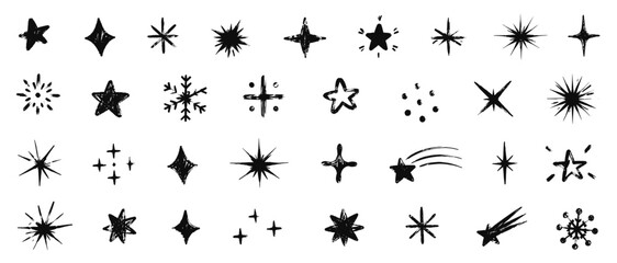 Doodle stars and magic twinkle stickers, hand drawn snowflake asterisk shapes with crayon scribble texture for playful decorative vector illustration © aura studio
