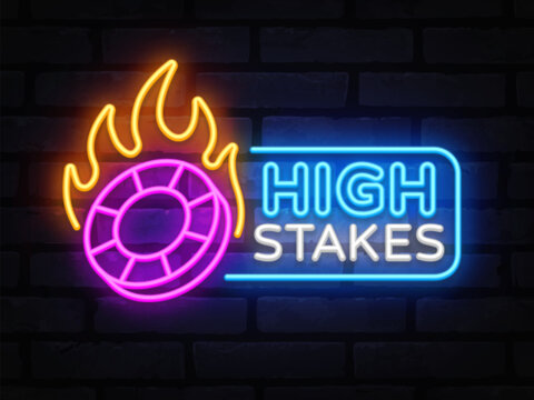 Glowing high stakes neon sign with flaming casino chip on dark wall. Bold vibrant composition for gambling promotions and game visuals.