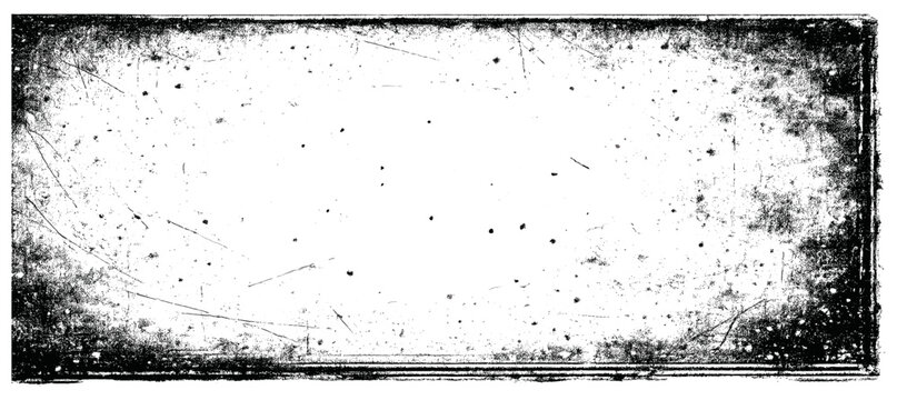 Old photo grunge overlay with black film grain, dust speckles, scratch stripes, distressed border frame and retro vector texture