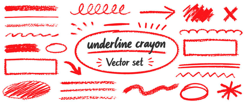 Hand drawn red underline and highlight mark set, rough crayon brushstroke lines, pencil strikethrough scribbles and chalk arrow accents vector illustration